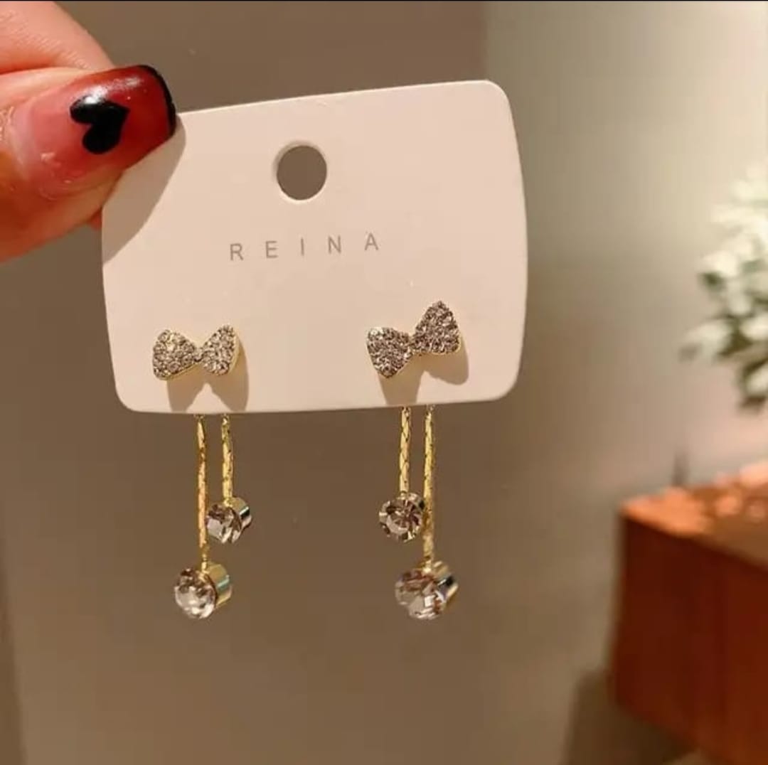 Korean Studded Bow Shiny Earrings - View 2