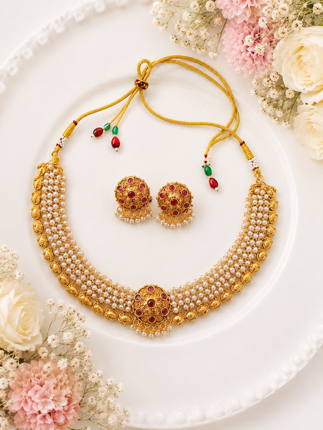 Rajsi Ruby Pearl Necklace Set 
