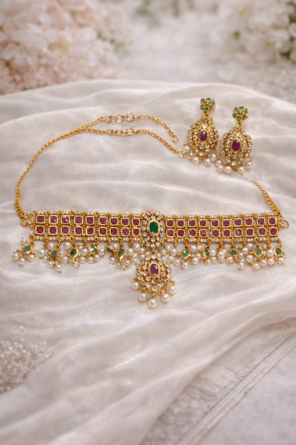 Ruby Green Pearl Choker Set
